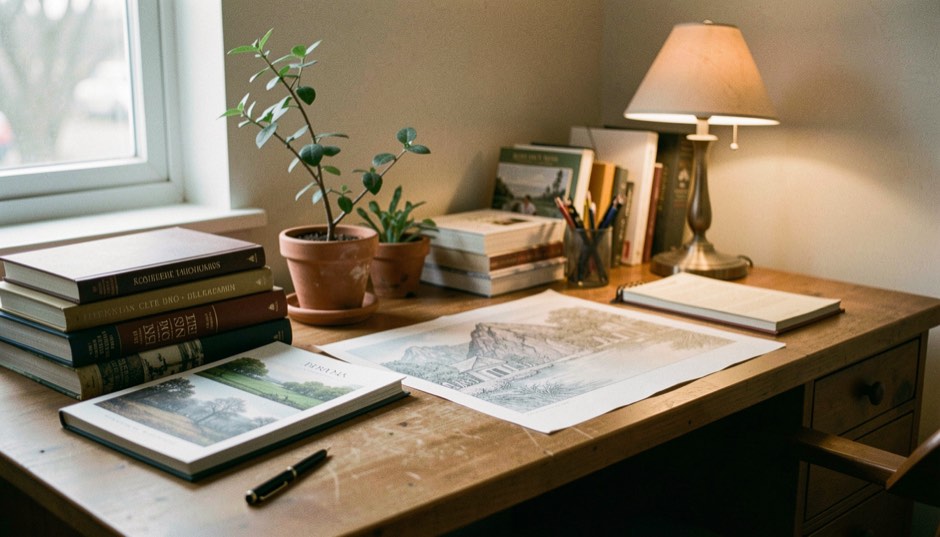 A quiet editorial desk with landscape reference books, tracing paper, a small garden branch, and a warm reading lamp