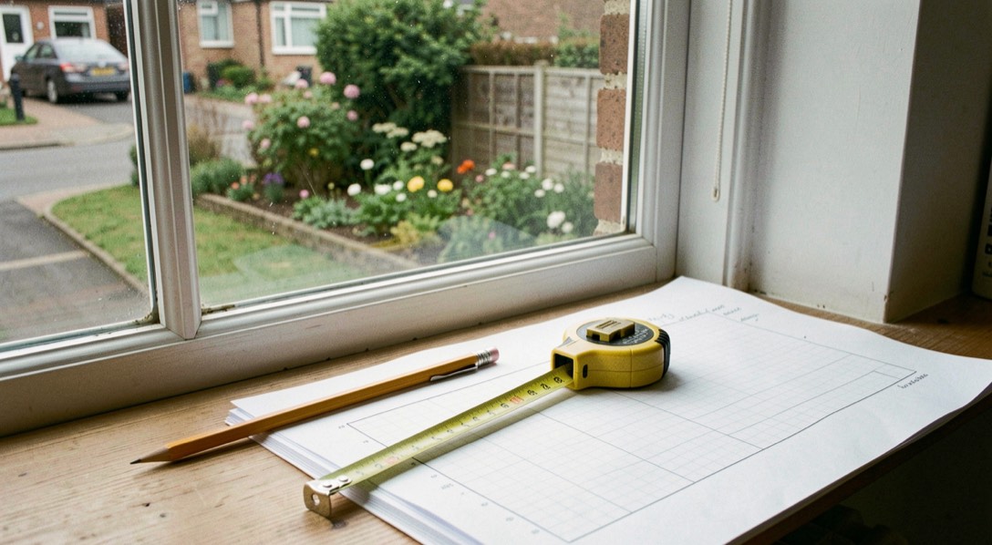 A pencil, tape measure, and clean graph paper base plan beside a small suburban garden seen through a window