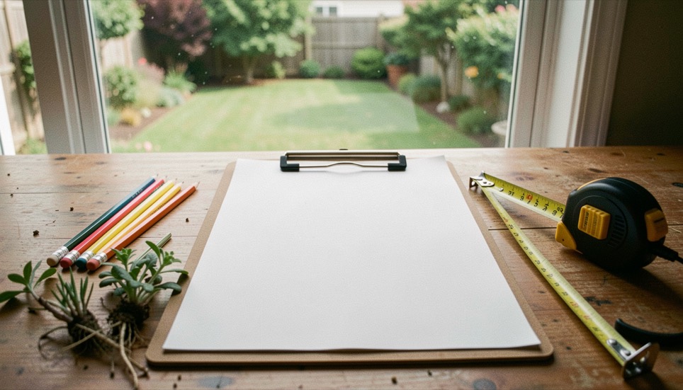 A blank landscape project brief on a clipboard with colored pencils, plant samples, a tape measure, and a backyard view