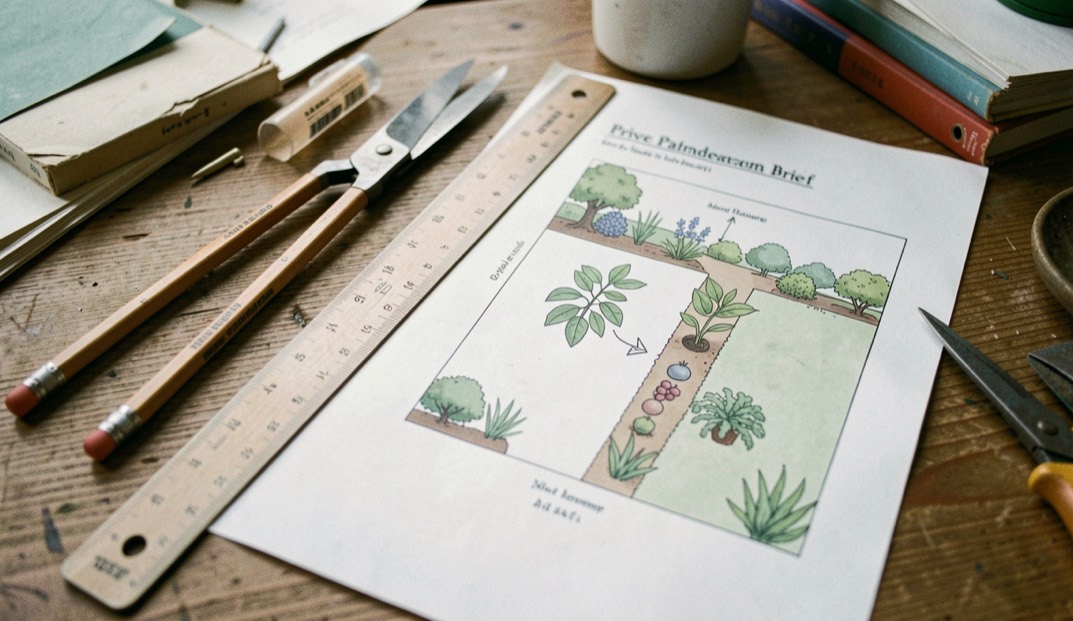A private printable landscape project brief with a pencil, scale ruler, plant cutting, and a simple garden plan with no readable information