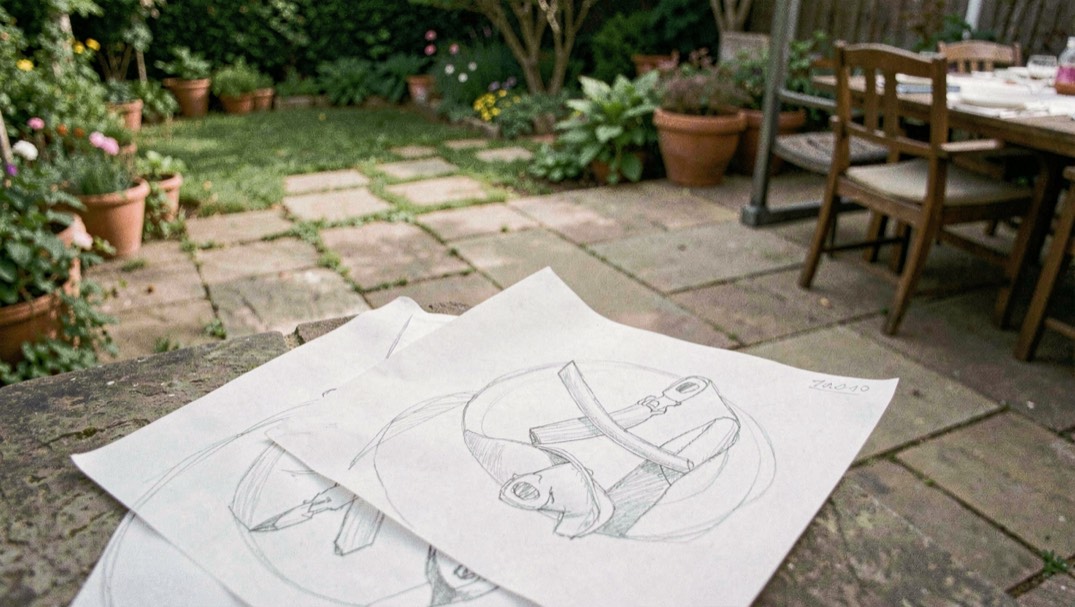 A calm landscape planning field note scene for /design/outdoor-rooms-and-bubble-diagrams/ showing an observed residential garden and a paper notebook
