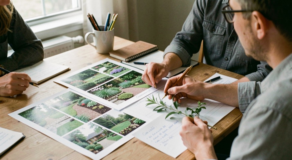 A calm landscape planning field note scene for /hiring/prepare-for-a-landscape-consultation/ showing an observed residential garden and a paper notebook
