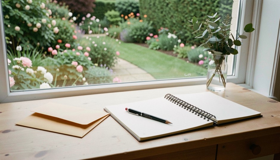 A clean writing desk facing a garden with an envelope, pencil, field notebook, and a small vase of foliage