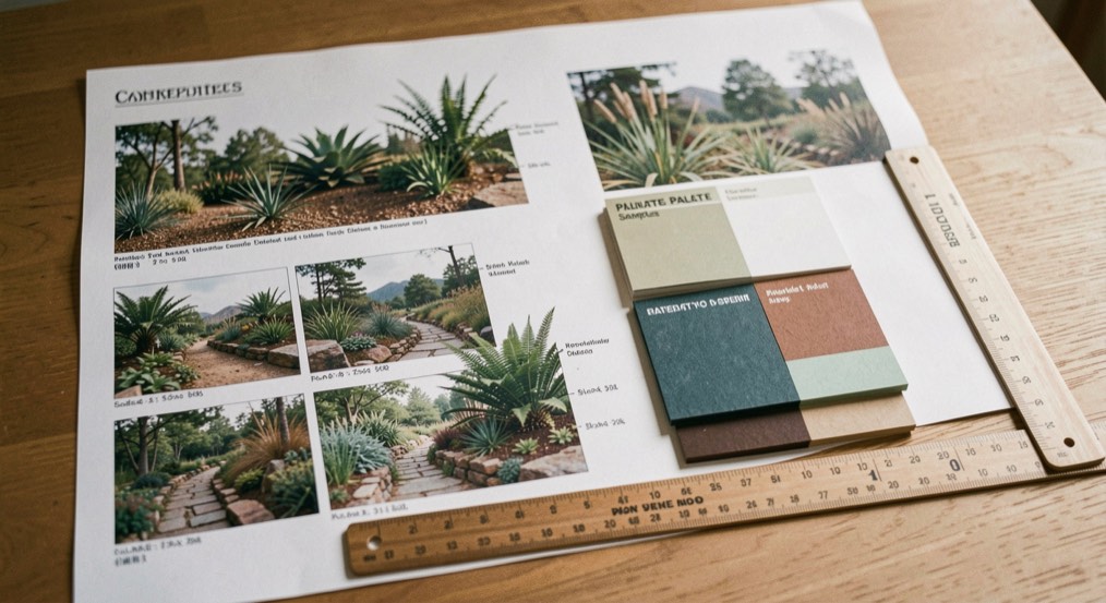 A neatly arranged set of landscape concept sheets, planting palette samples, material swatches, and a scale ruler with no legible data