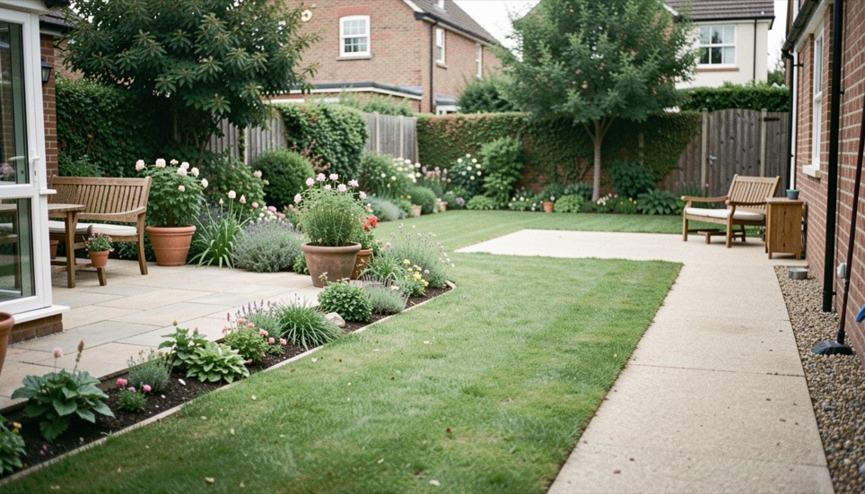 A calm residential garden with a terrace, lawn edge, planted border, path, and clear zones for sitting and movement