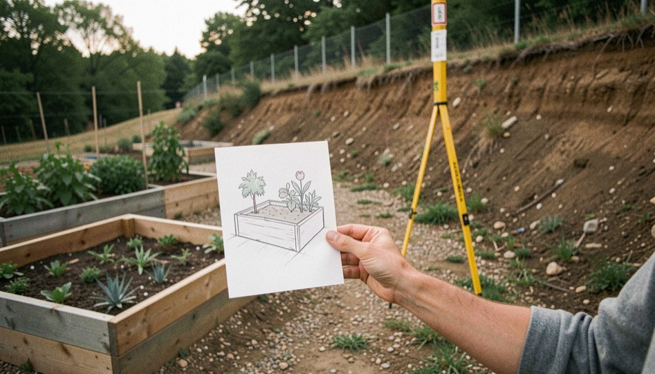 A homeowner holding a simple garden sketch near raised beds while a survey stake, retaining slope, and utility marker remain clearly separate