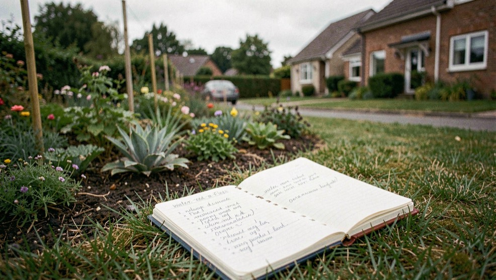 A calm landscape planning field note scene for /water/drainage-red-flags/ showing an observed residential garden and a paper notebook