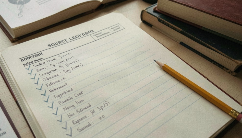 A source ledger with check marks, reference books, and a pencil on tracing paper