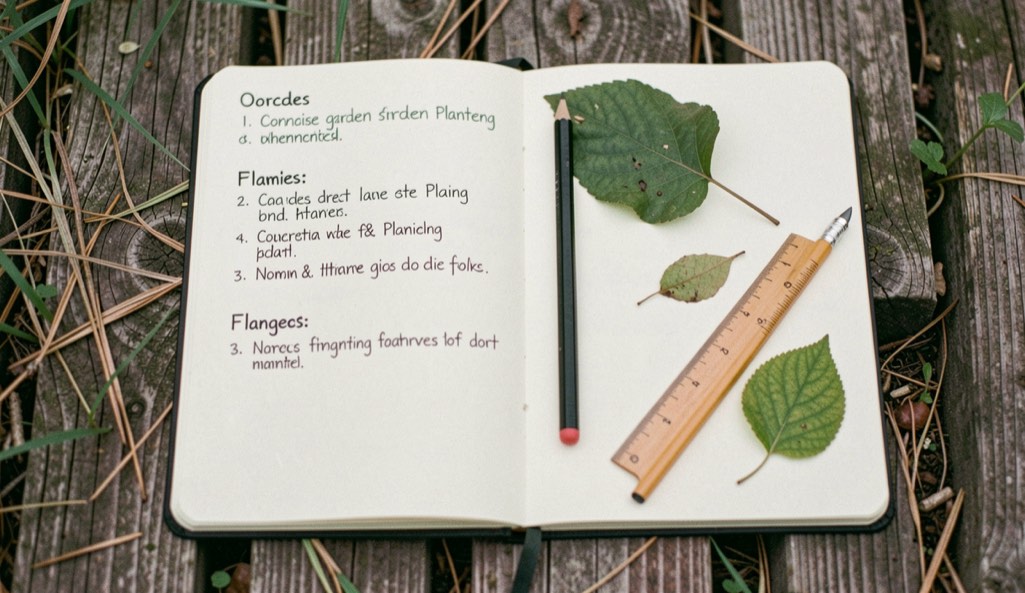 A simple open field notebook with concise garden planning prompts, a pencil, leaf samples, and a small ruler