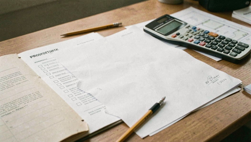 A calm desk with a scope checklist, blank proposal pages, calculator, pencil, and landscape plan without readable wording