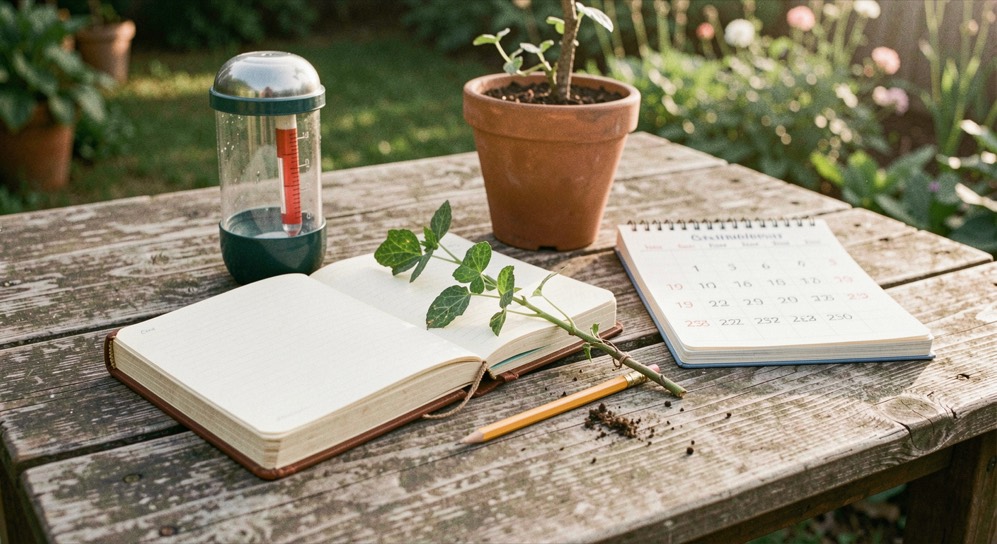 A garden notebook, rain gauge, plant cutting, calendar, and pencil on a weathered outdoor table in soft morning light