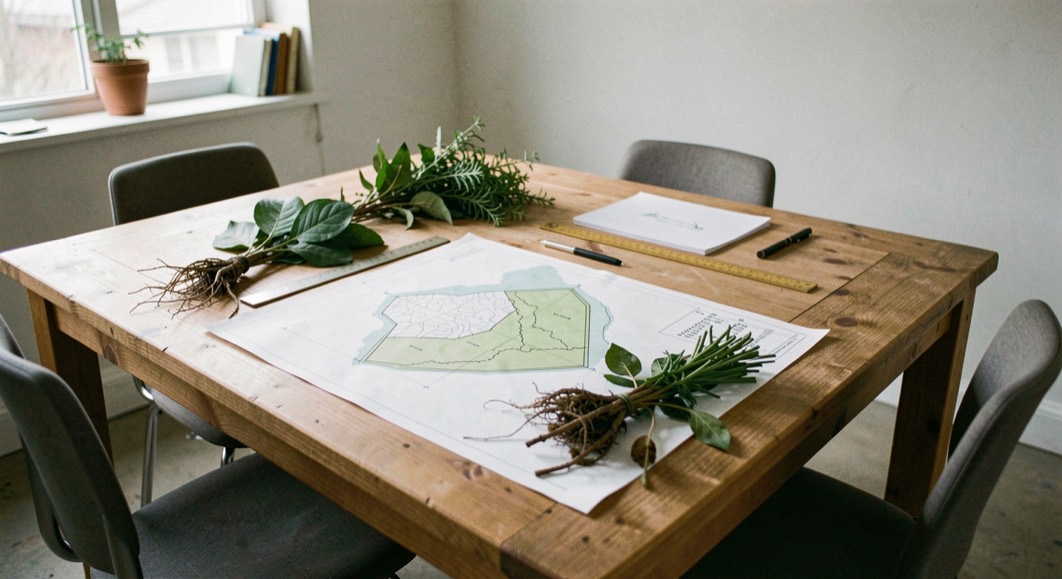 A carefully observed residential garden scene representing work with pros, with natural materials, seasonal planting, and no visible text