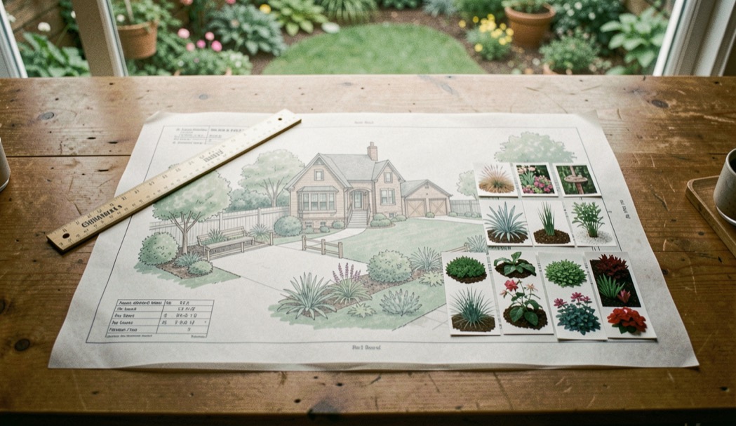 Overhead residential landscape planning table with translucent tracing paper, a scale ruler, planting swatches, and a quiet garden view beyond