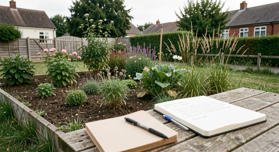 A calm landscape planning field note scene for /june.htm showing an observed residential garden and a paper notebook