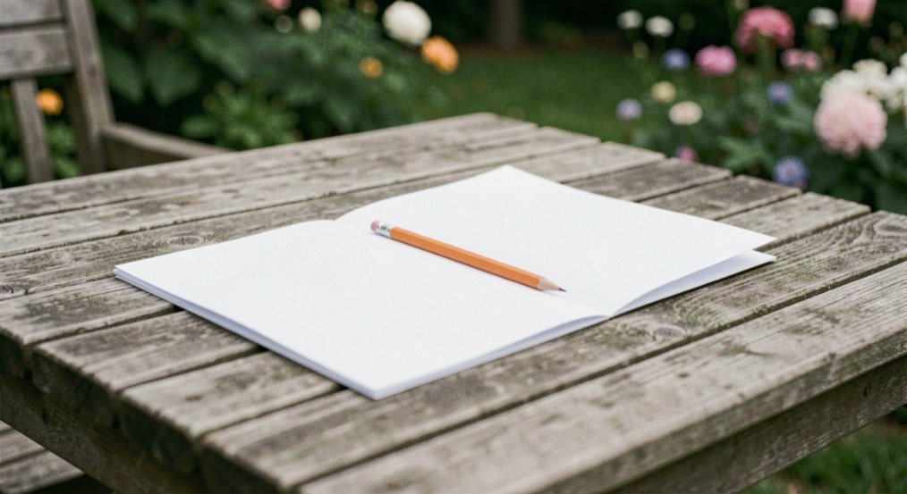 A plain folded paper and pencil on a quiet garden table