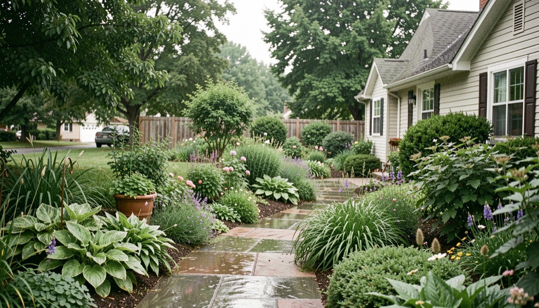 A Missouri-style home garden with mixed sun and shade, native-looking plant layers, a rain-soaked path, and summer greenery