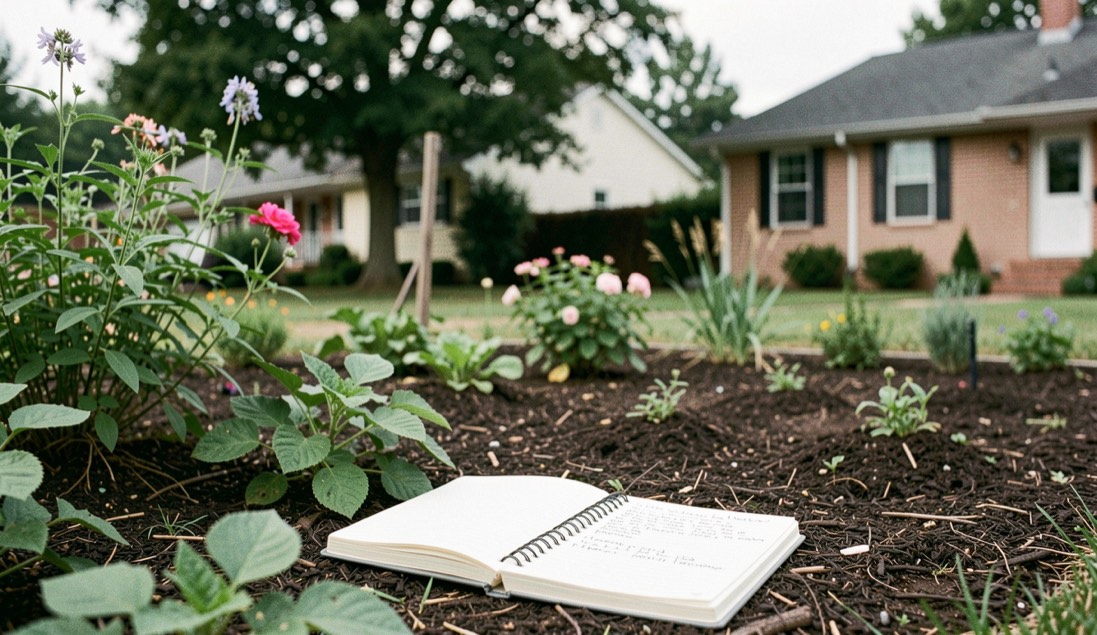 A calm landscape planning field note scene for /missouri/index.htm showing an observed residential garden and a paper notebook