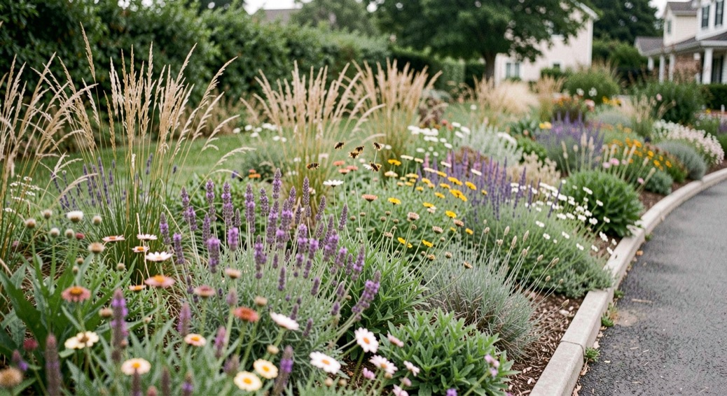 A meadow-like residential planting with native-looking flowers, grasses, pollinators at a distance, and a maintained garden edge
