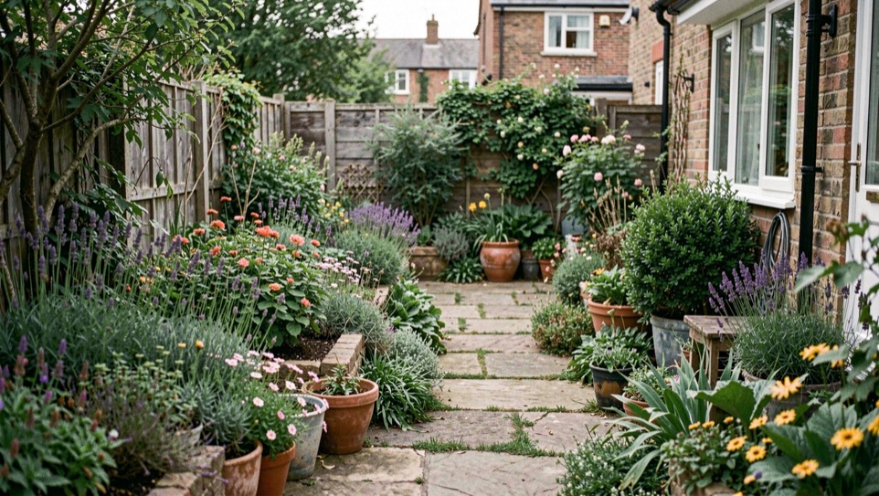 A carefully observed residential garden scene representing shape the space, with natural materials, seasonal planting, and no visible text