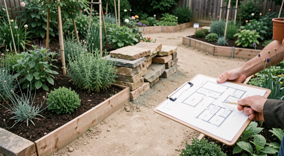 A calm landscape planning field note scene for /budget/phase-a-landscape-project/ showing an observed residential garden and a paper notebook