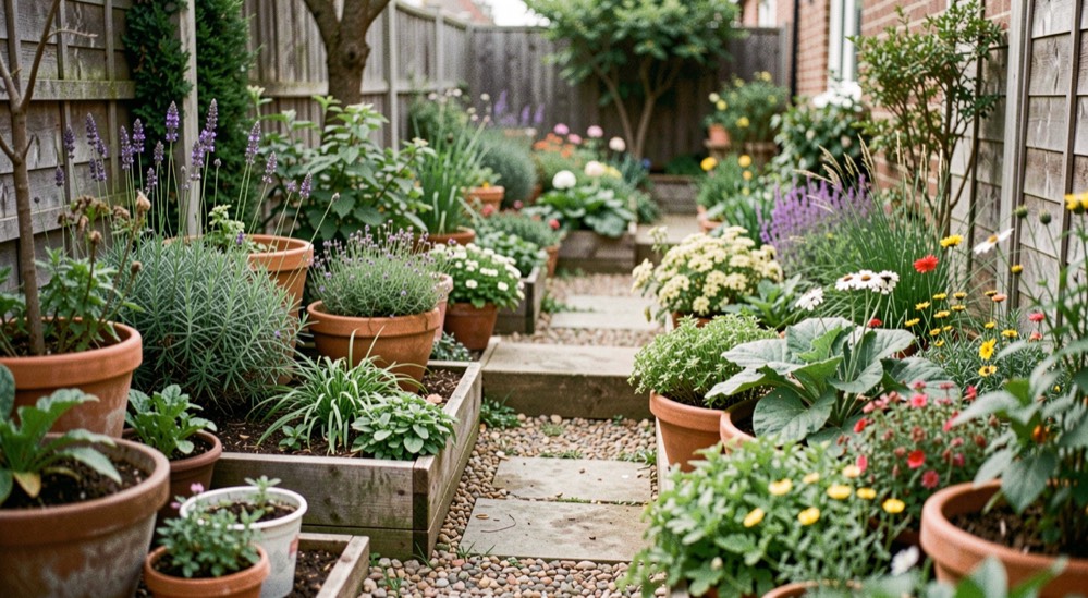 A carefully observed residential garden scene representing choose plants, with natural materials, seasonal planting, and no visible text