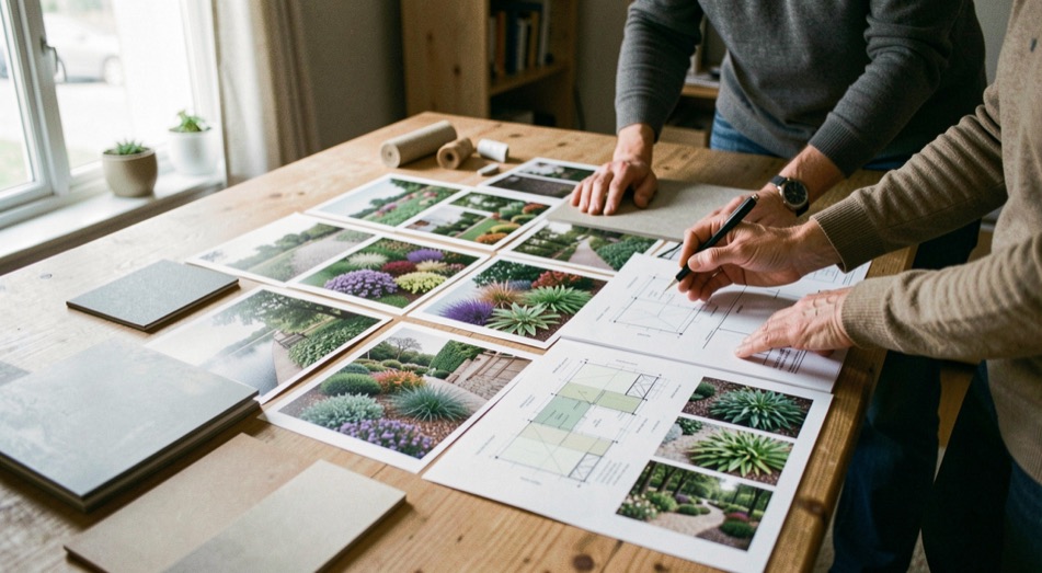 A homeowner comparing printed landscape project photographs, plan details, planting textures, and material samples on a broad table
