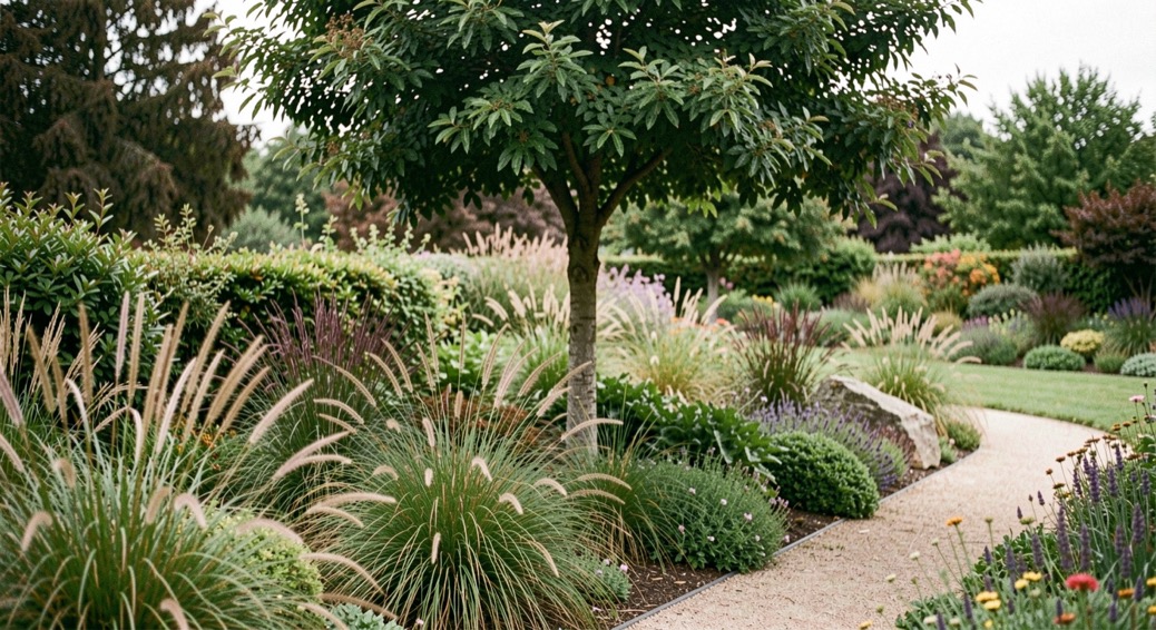 A composed garden border with repeated grasses, a focal tree, layered texture, and a path creating visual rhythm