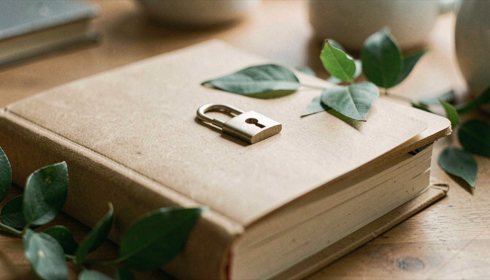 A closed field notebook with a small lock-shaped paper clip and garden leaves