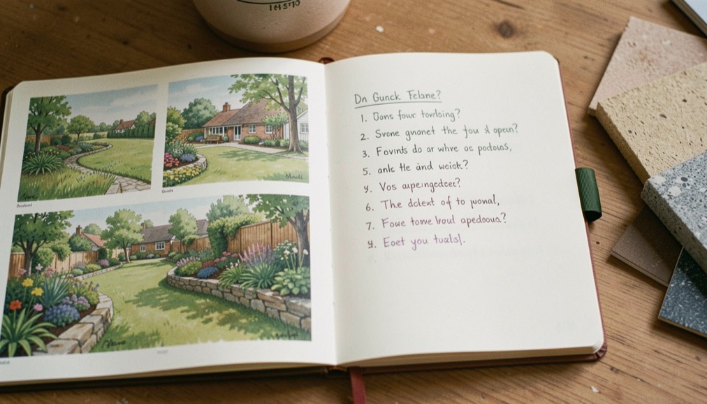 A notebook open to a short handwritten-looking question list beside landscape drawings and garden material samples with no readable text