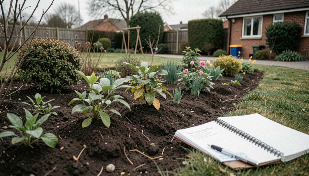 A calm landscape planning field note scene for /planting/right-plant-right-place/ showing an observed residential garden and a paper notebook