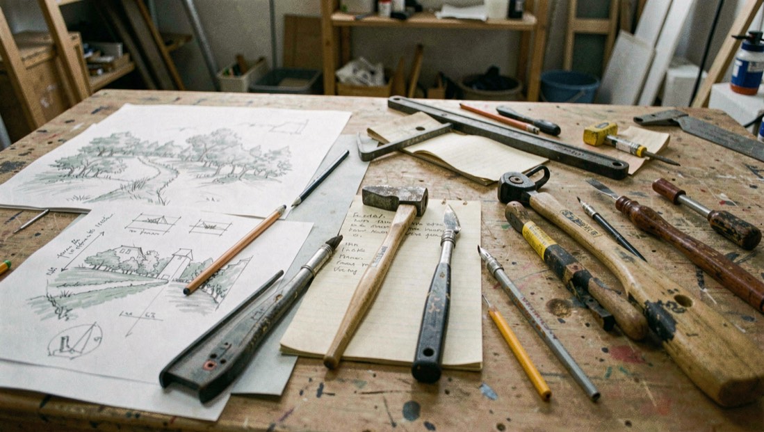 Three sets of landscape work tools arranged on a studio table: conceptual sketches, surveying notes, and installation materials