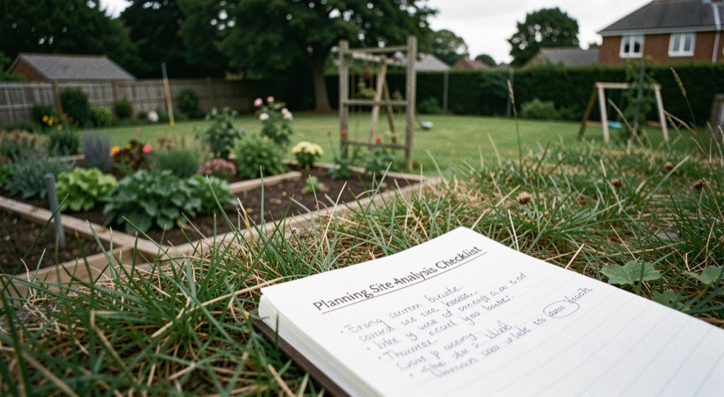 A calm landscape planning field note scene for /planning/site-analysis-checklist/ showing an observed residential garden and a paper notebook