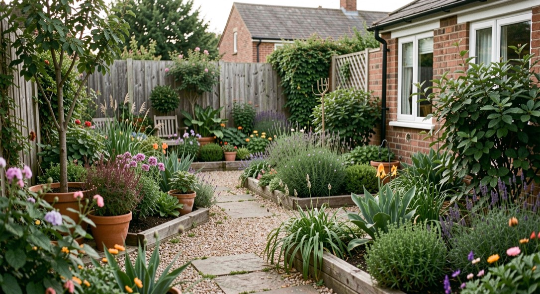 A carefully observed residential garden scene representing plan the site, with natural materials, seasonal planting, and no visible text