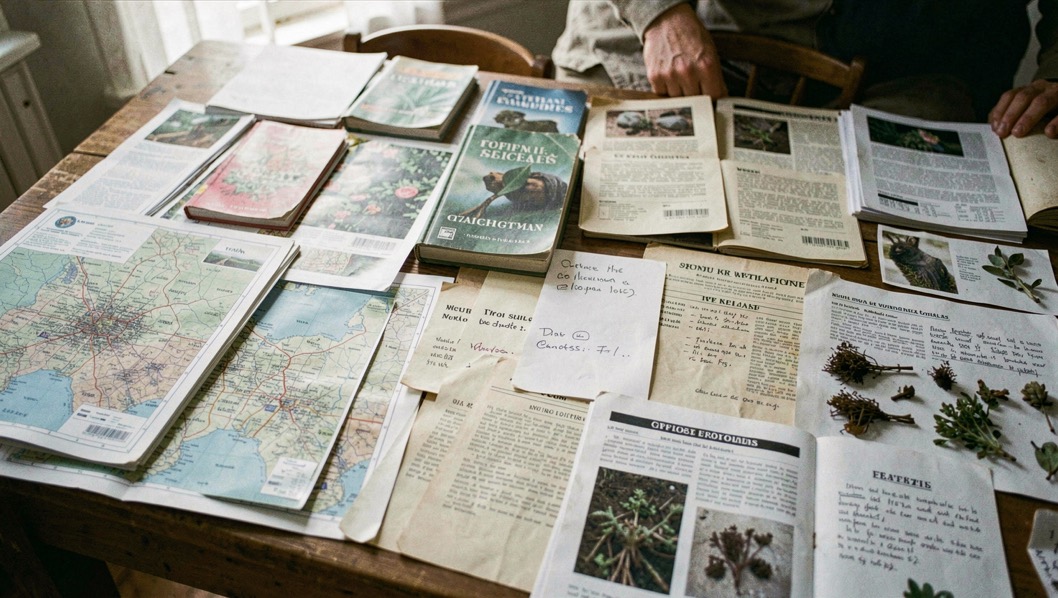 A carefully organized reference table with field guides, official map printouts, soil notes, and plant specimens without readable text