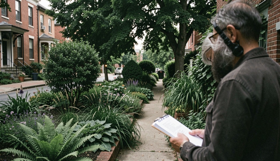 A leafy St. Louis residential street garden with brick, deep shade, layered plantings, and a homeowner reviewing a site notebook