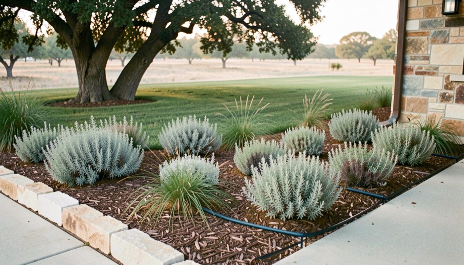 A Texas Hill Country front garden in early morning light, a bed of silver-leaved shrubs and bunch grasses over shredded bark mulch edged with pale limestone, a black drip line half hidden at the base of the plants, a live oak shading a small lawn, photographed at eye level from the front walk
