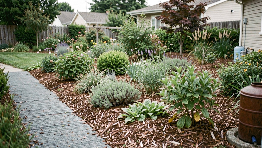 A water-wise residential garden with grouped plants, a permeable path, mulch, a rain barrel, and no visible product branding