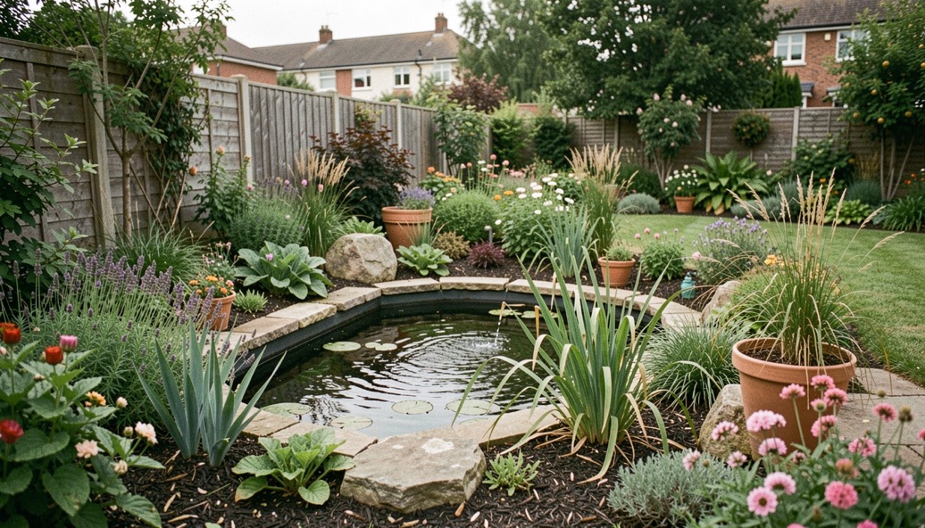A carefully observed residential garden scene representing manage water, with natural materials, seasonal planting, and no visible text